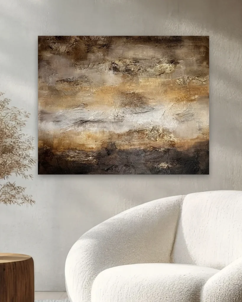 Ruskean ja kullan sävyinen kohokuvioitu abstrakti taidemaalaus.